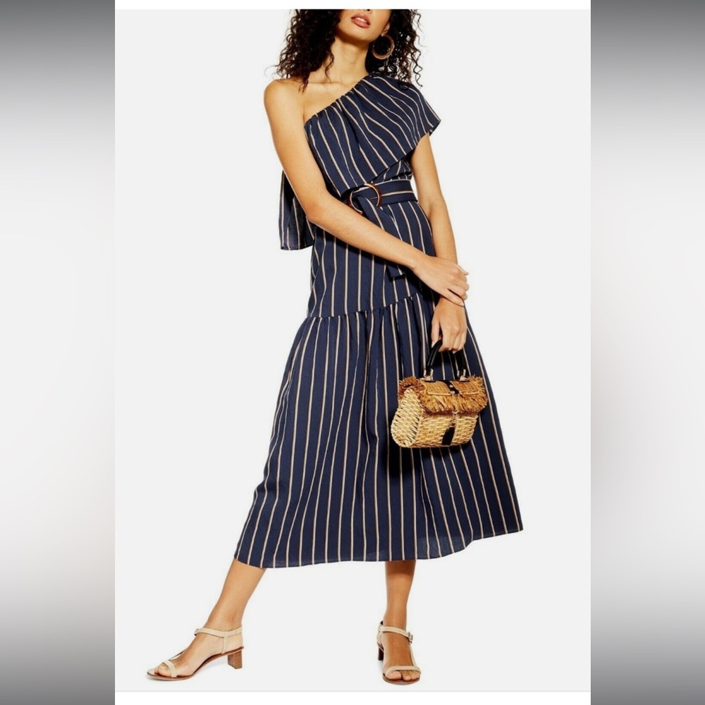 Topshop Navy and White Striped One-Shoulder Midi Dress